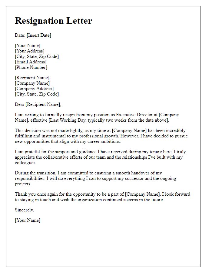 Letter template of resignation for executive director seeking new opportunities