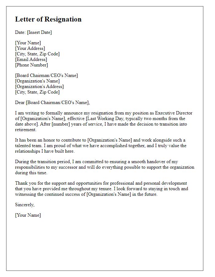 Letter template of resignation for executive director transitioning to retirement