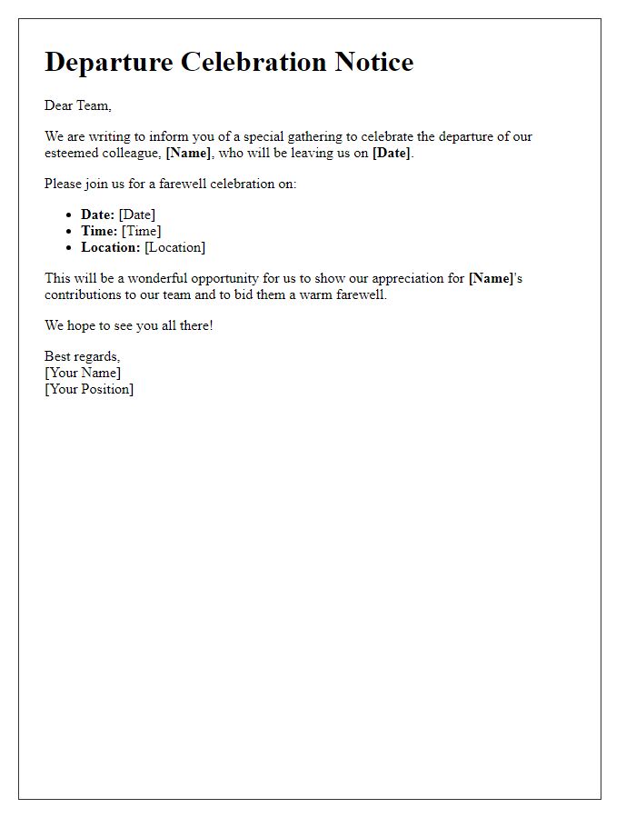 Letter template of departure celebration notice for staff