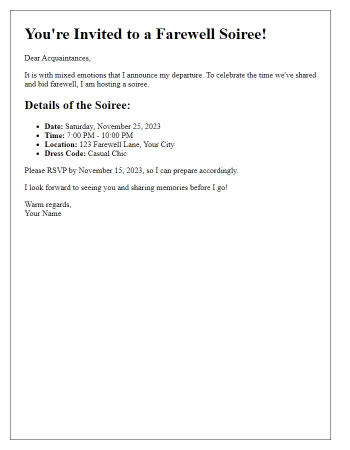 Letter template of farewell soire details for acquaintances