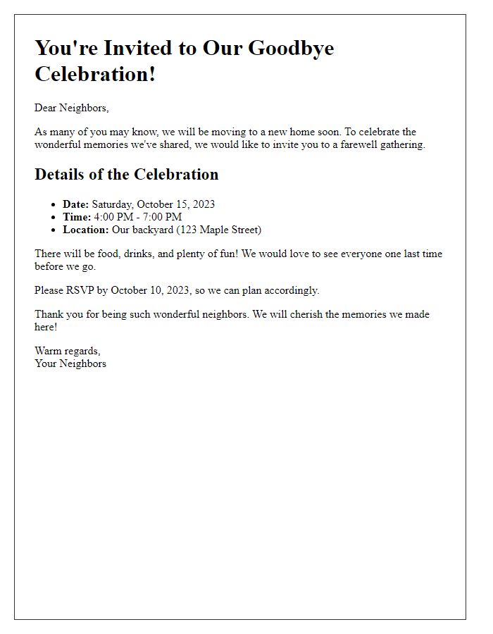 Letter template of goodbye celebration details for neighbors