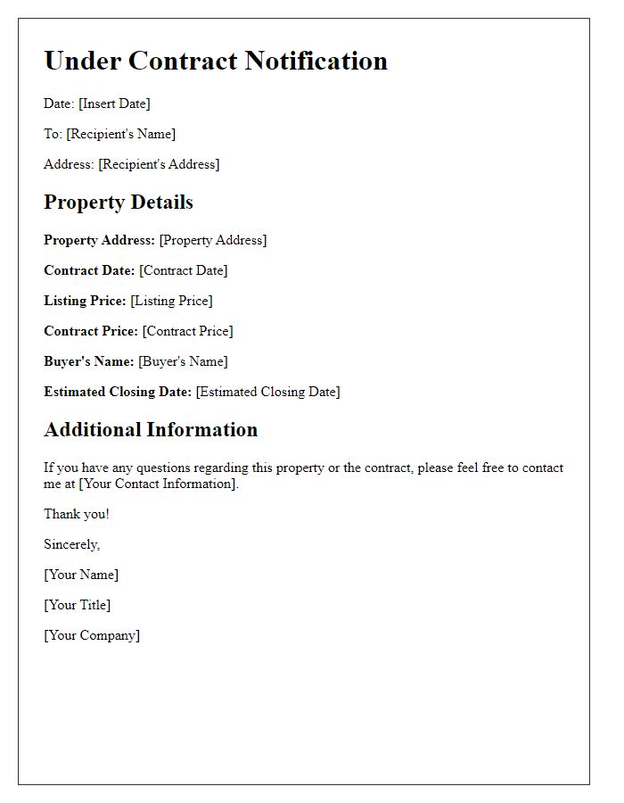 Letter template of under contract properties details