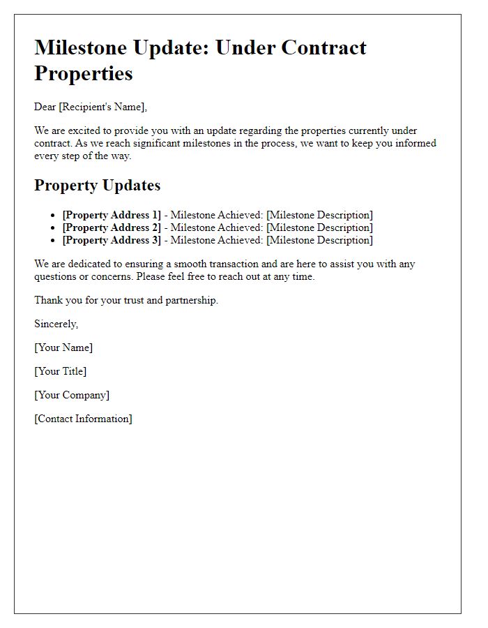 Letter template of under contract properties milestone update