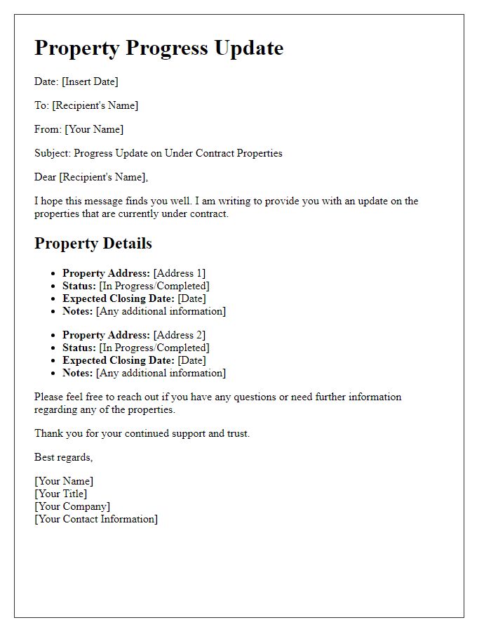 Letter template of under contract properties progress update