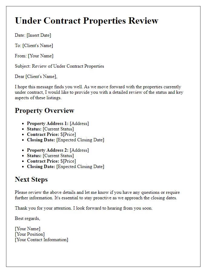 Letter template of under contract properties review