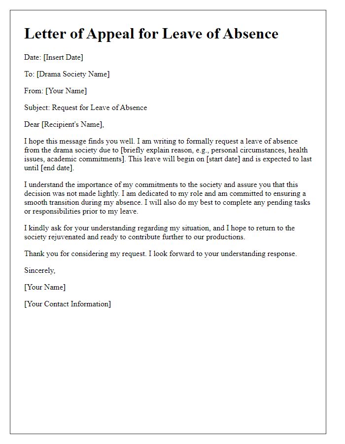 Letter template of appeal for leave of absence from drama society