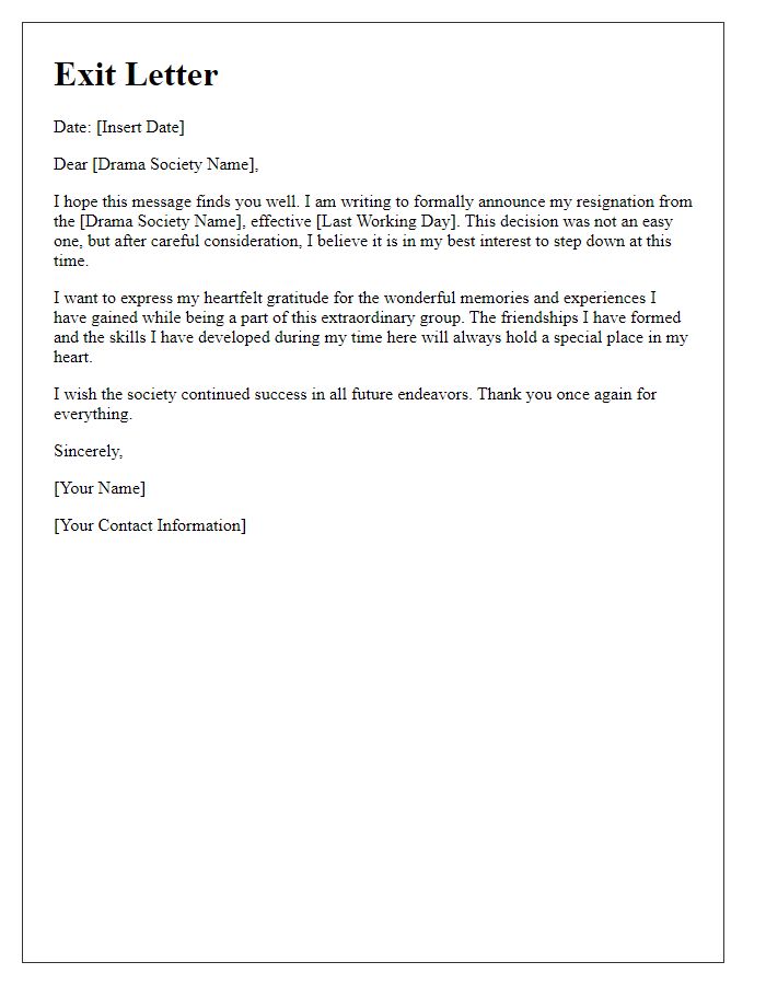 Letter template of exit letter from drama society