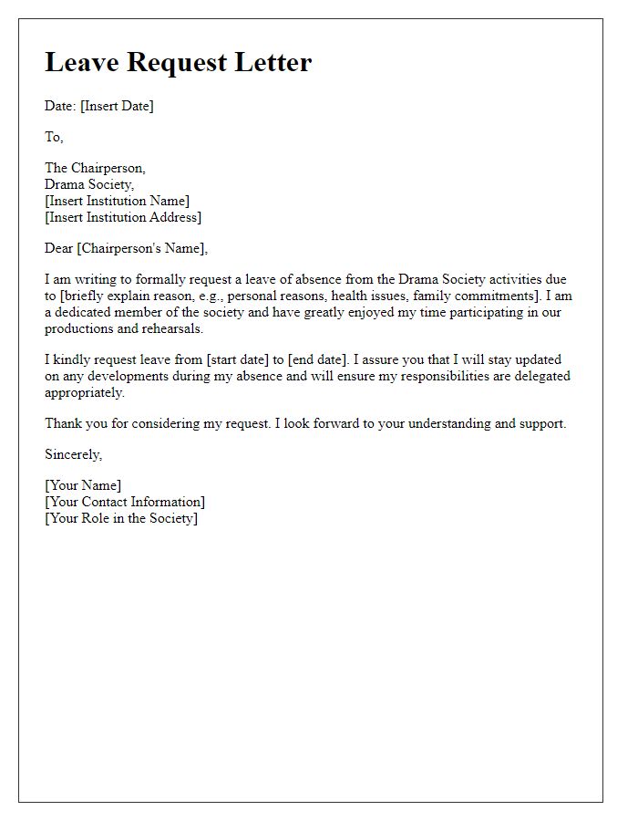 Letter template of formal leave request from drama society