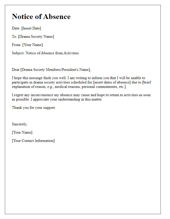 Letter template of notice for absence from drama society activities