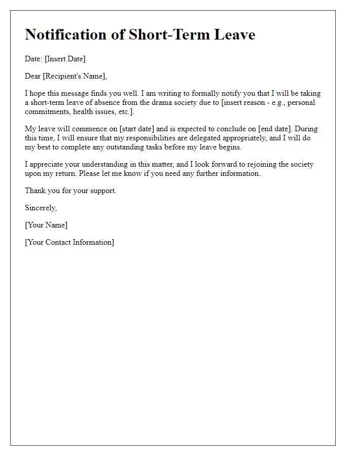 Letter template of notification for short-term leave from drama society