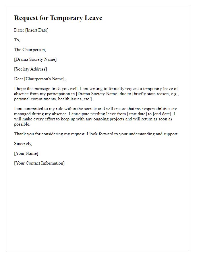 Letter template of request for temporary leave from drama society