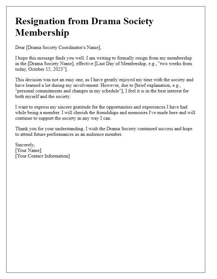 Letter template of resignation from drama society membership