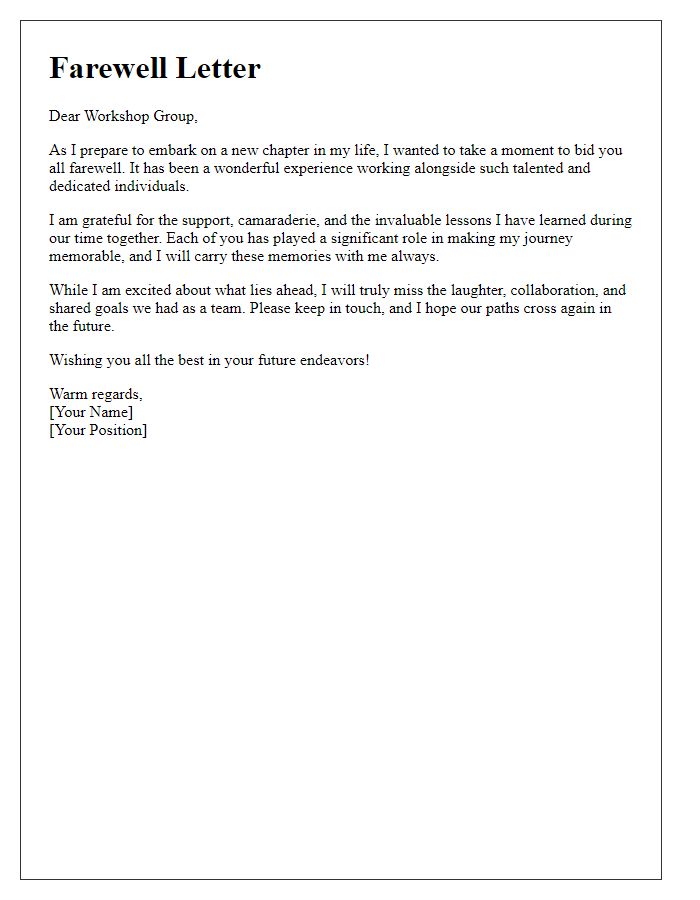 Letter template of farewell to workshop group for an organization member.