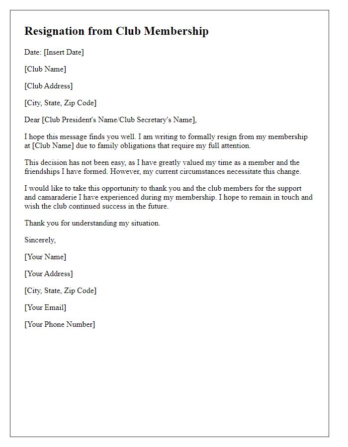 Letter template of resignation from club membership for family obligations