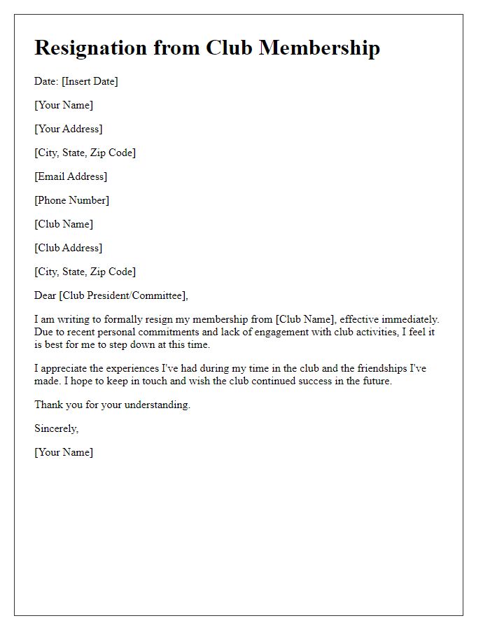 Letter template of resignation from club membership for lack of engagement