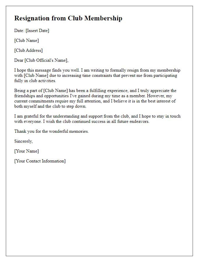 Letter template of resignation from club membership for time constraints