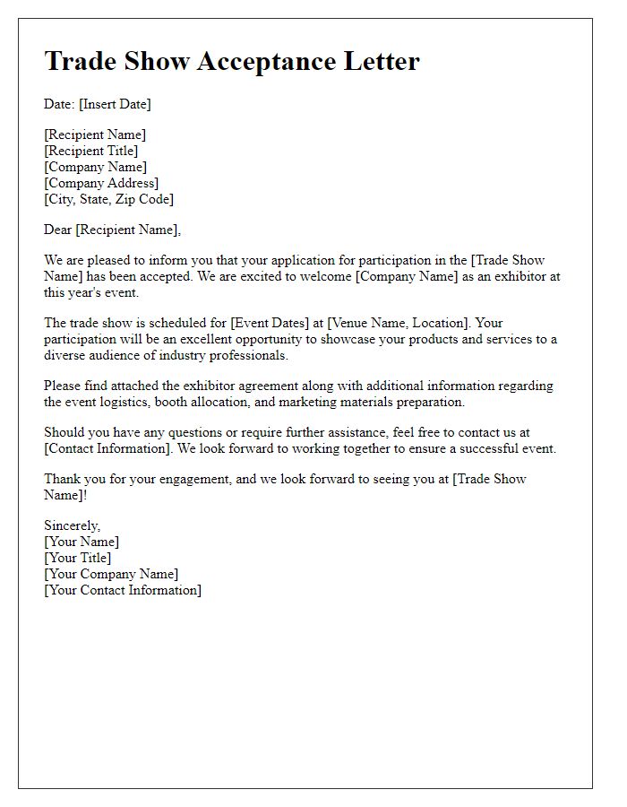 Letter template of acceptance for trade show involvement.