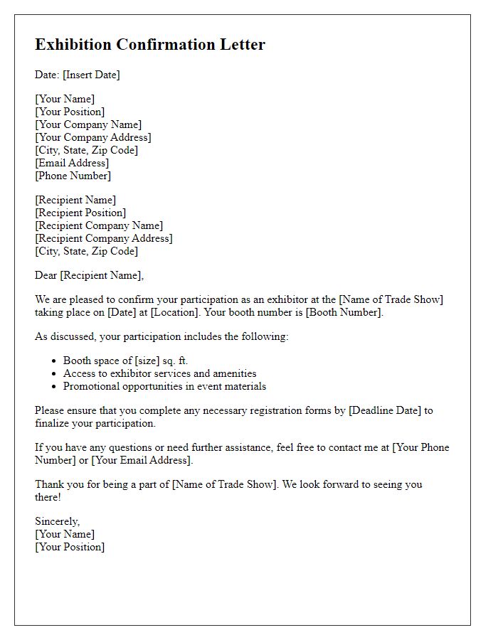 Letter template of confirmation for exhibiting at trade shows.