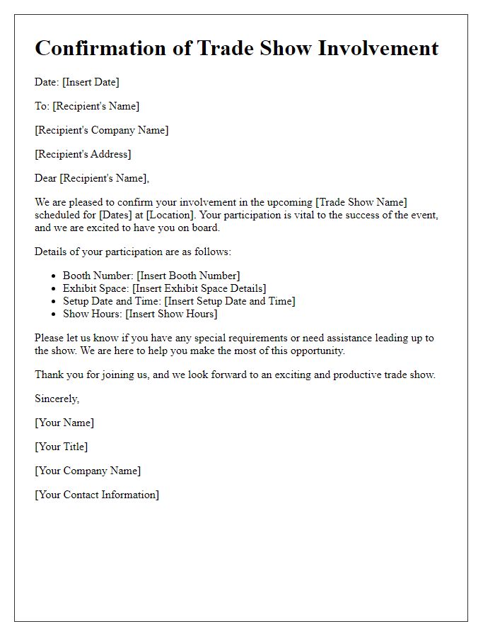 Letter template of confirmation notice for trade show involvement.