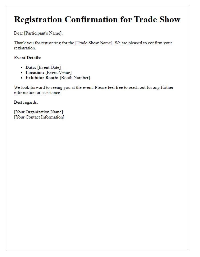 Letter template of registration confirmation for trade shows.