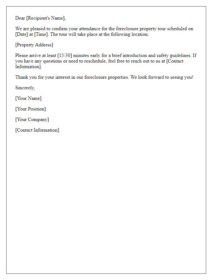 Letter template of confirmation for foreclosure property tour attendance.