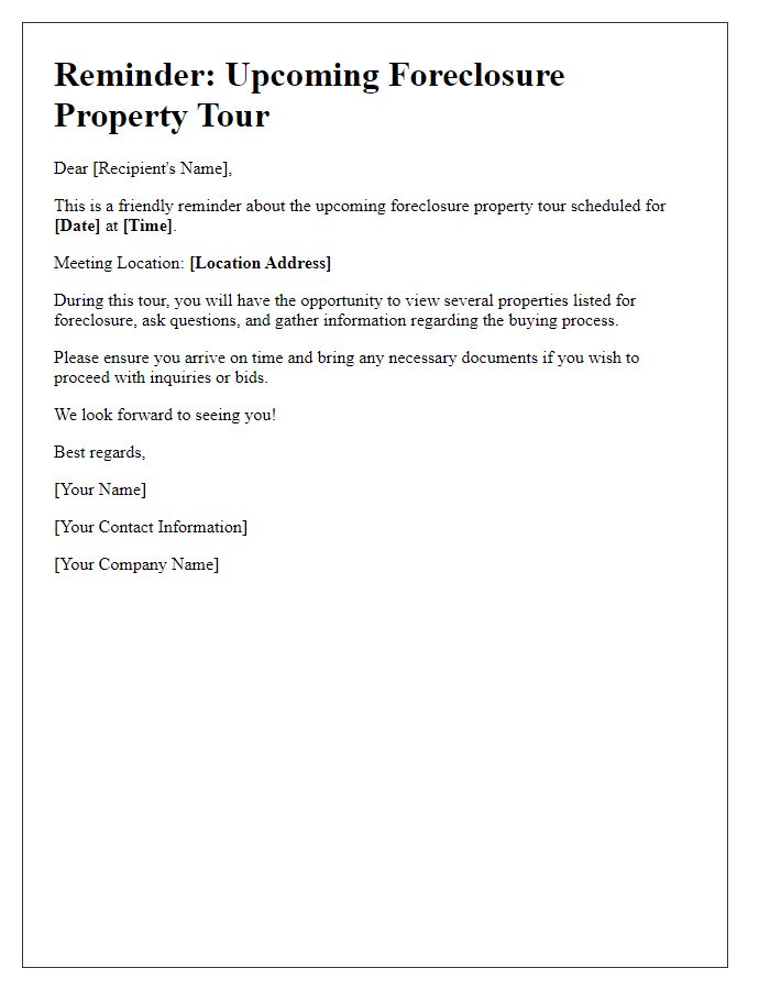 Letter template of reminder for upcoming foreclosure property tour.