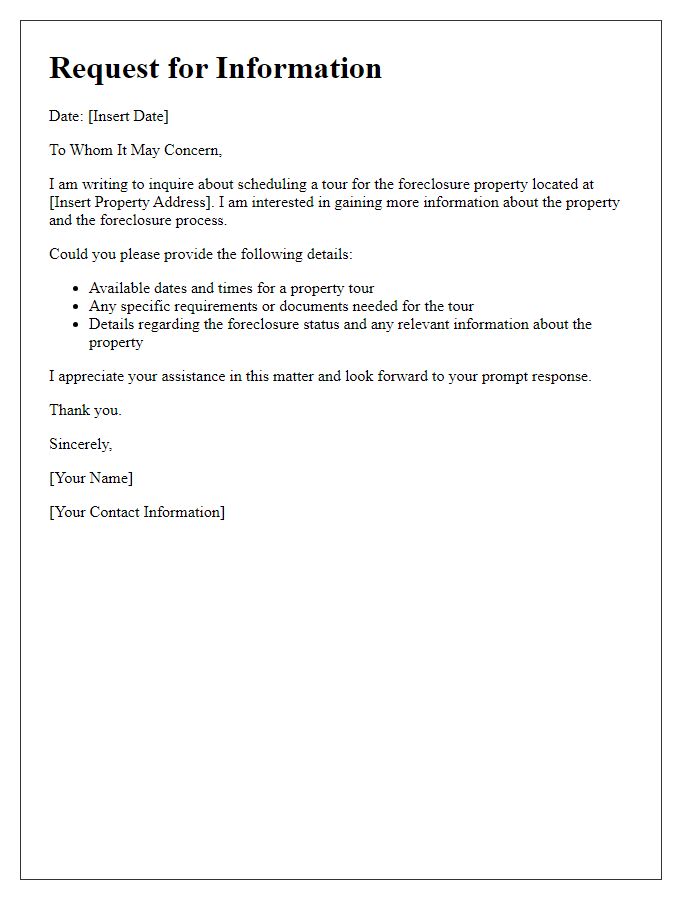 Letter template of request for information on foreclosure property tour.