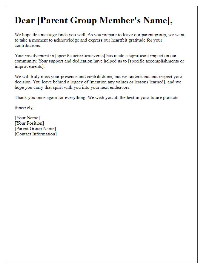 Letter template of acknowledgment for contributions of leaving parent group members