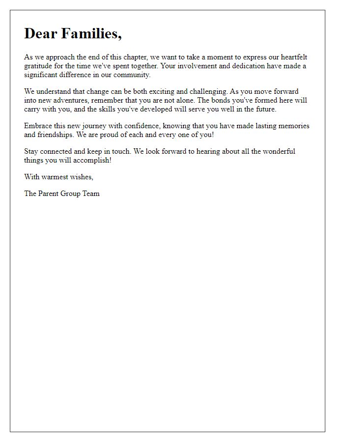 Letter template of encouragement for departing parent group families