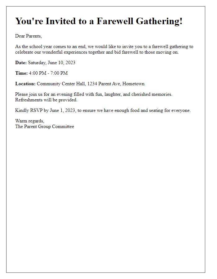 Letter template of farewell gathering invitation for parent group