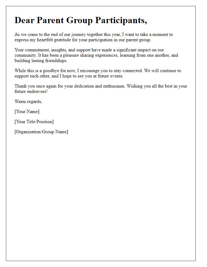 Letter template of goodbye message to exiting parent group participants