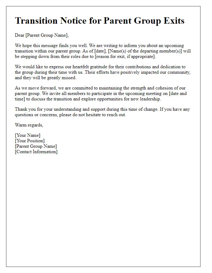 Letter template of transition notice for parent group exits