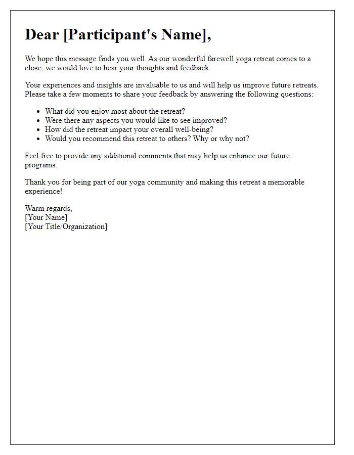 Letter template of feedback request for farewell yoga retreat