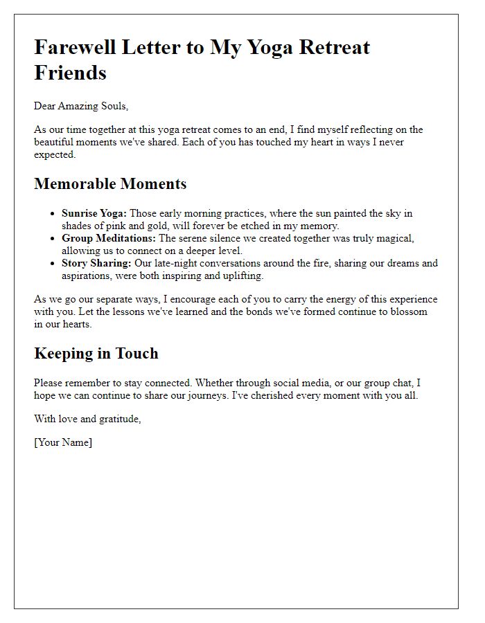 Letter template of memories for farewell yoga retreat group