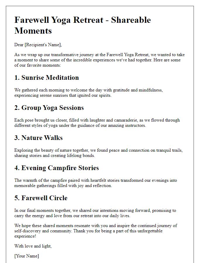 Letter template of shareable moments from farewell yoga retreat