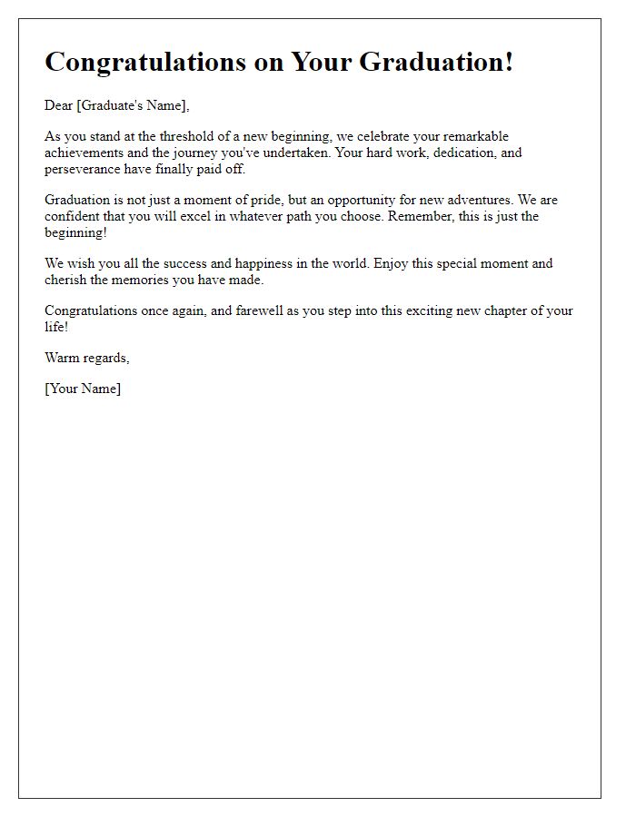 Letter template of congratulatory graduation farewell message