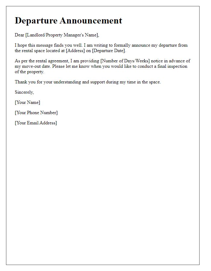 Letter template of departure announcement for rental space