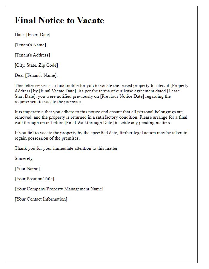 Letter template of final notice for vacating leased property