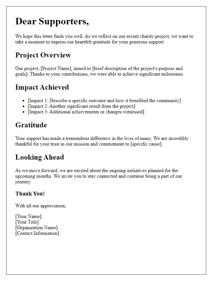 Letter template of charity project impact reflection for supporters.