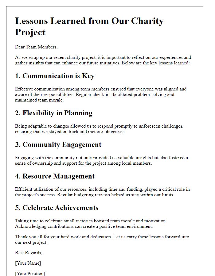 Letter template of charity project lessons learned for team members.