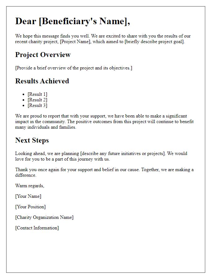 Letter template of charity project results sharing with beneficiaries.