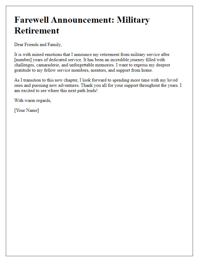 Letter template of military retirement farewell for social media announcement.