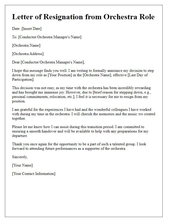 Letter template of stepping down from orchestra role