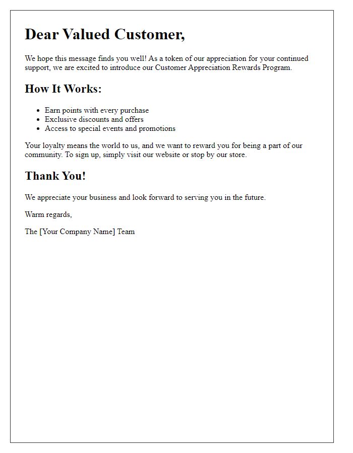 Letter template of customer appreciation rewards program