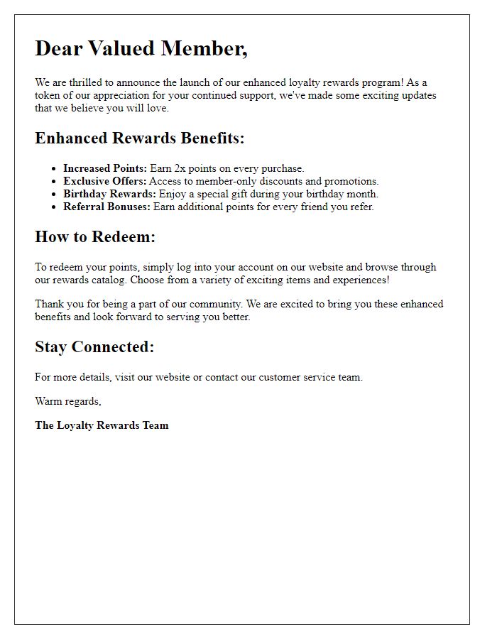 Letter template of enhanced loyalty rewards details