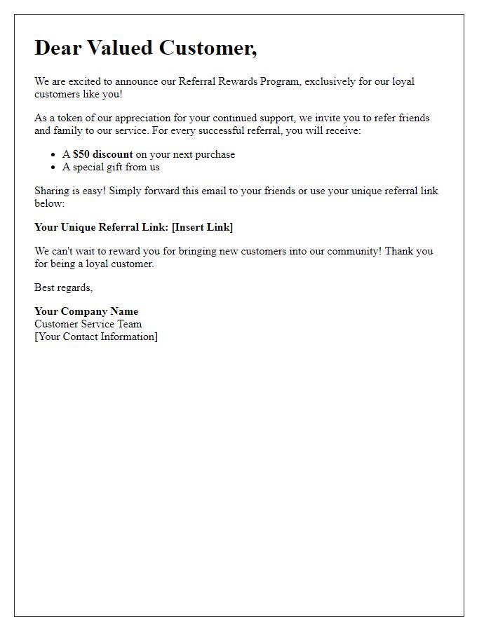 Letter template of referral rewards for loyal customers