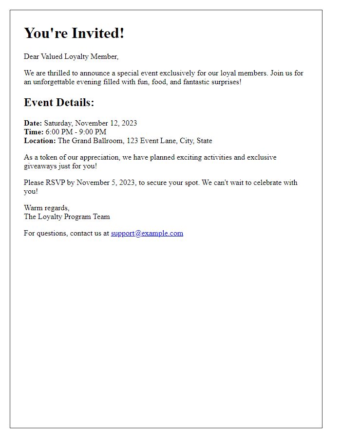 Letter template of special event invitation for loyalty members