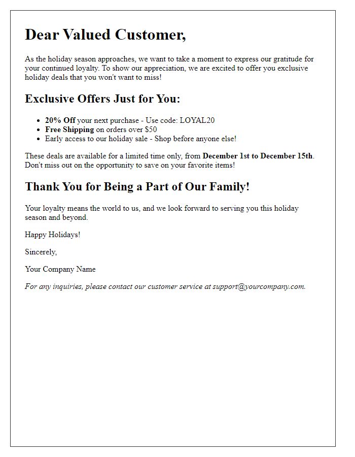 Letter template of exclusive holiday deals for loyal customers.