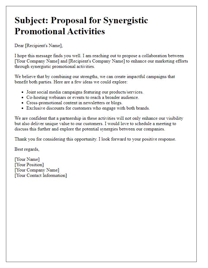 Letter template of synergistic promotional activities