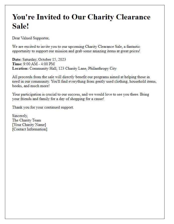 Letter template of charity clearance sale invitation for philanthropic supporters